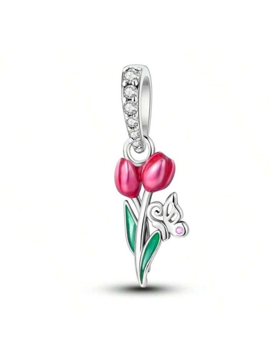 Sterling Silver Tulips And Butterfly Charm - Enchanting Charms