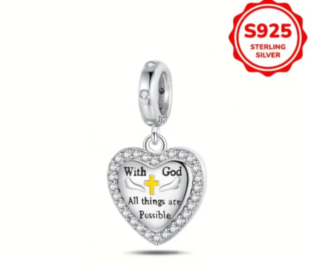 Sterling Silver With God All Things Are Possible Sparkling Heart Charm - Enchanting Charms