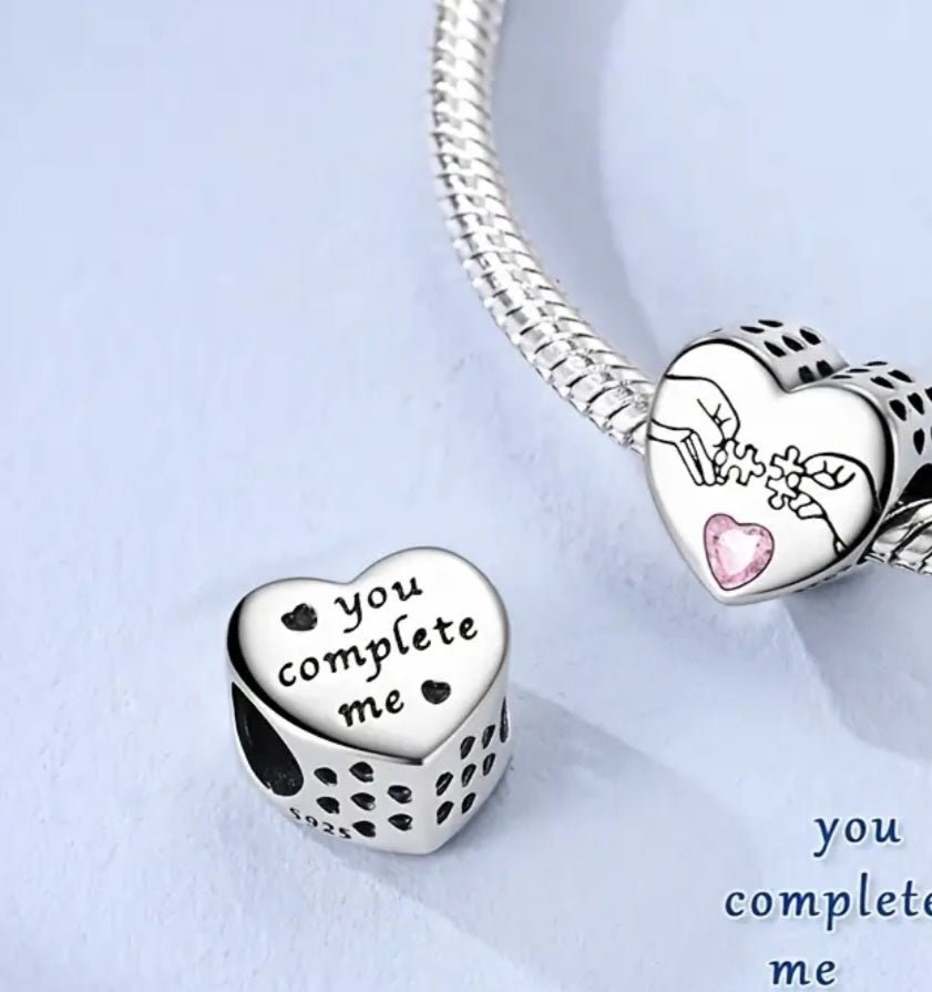 Sterling Silver You Complete Me Puzzle Piece Heart Charm - Enchanting Charms