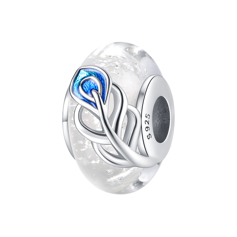 Sterling Silvery Exquisite Luminous White Feather Glass Charms - Enchanting Charms