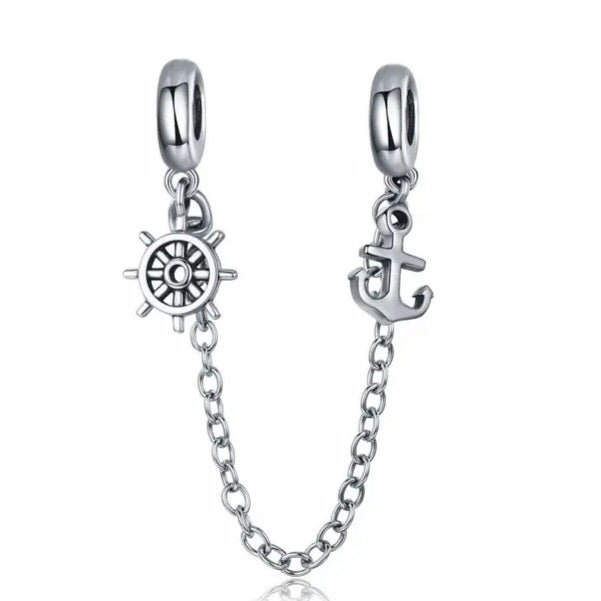 Sterling Silver Anchor & Nautical Wheel Safety Chain Charm - EnchantingCharms
