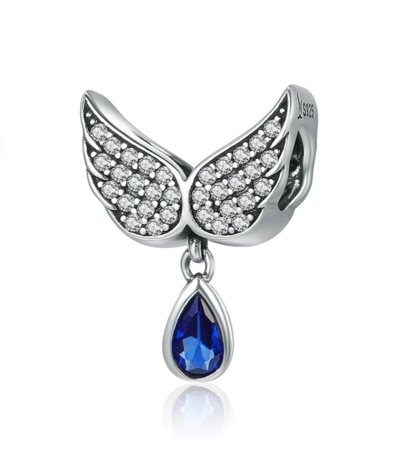 Sterling Silver Angel Wings Blue Pendant Charm - EnchantingCharms