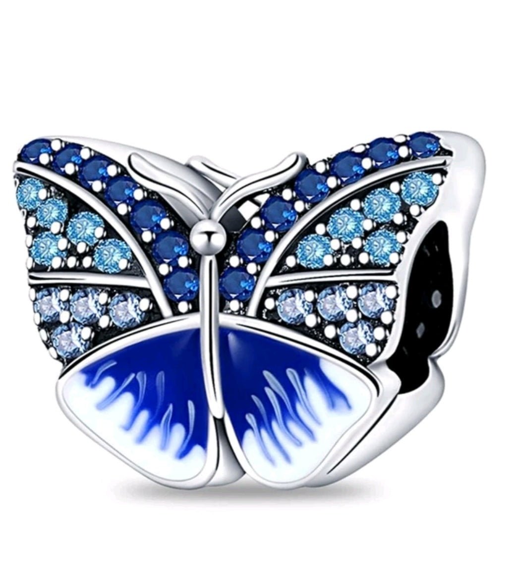 Sterling Silver Blue Sparkling Butterfly Charm - EnchantingCharms