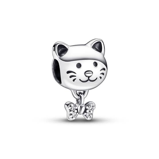 Sterling Silver Cat with Bow Tie Charm - EnchantingCharms