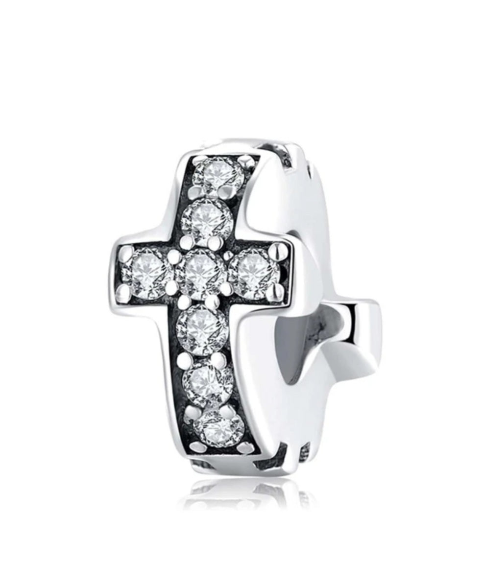 Sterling Silver Clear Cross Stopper Charm - EnchantingCharms