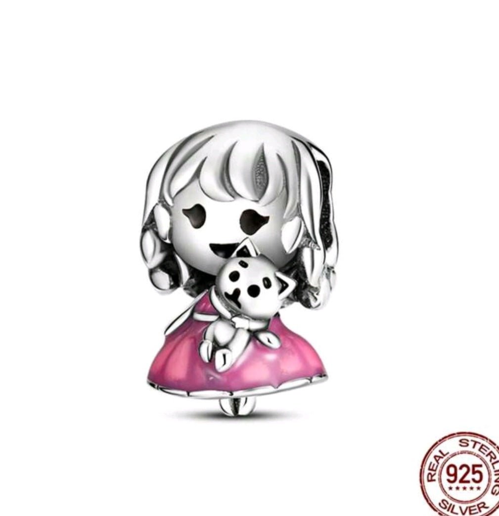 Sterling Silver Girl With Kitty Charm - EnchantingCharms