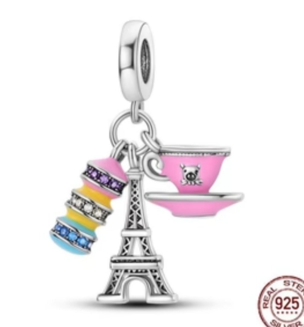 Sterling Silver Macaroons,Eiffel Tower & Tea Travel Charm - EnchantingCharms