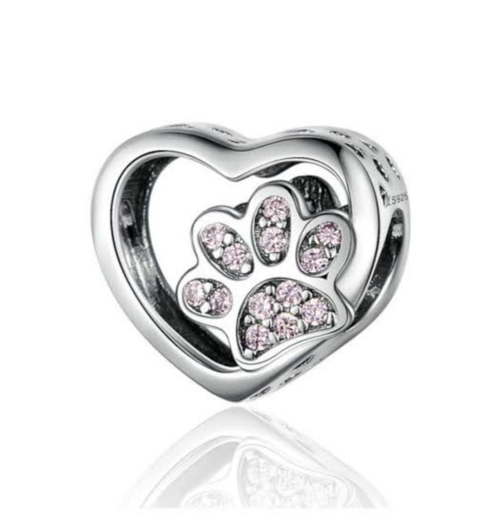 Sterling Silver Pink Paw Heart Charm - EnchantingCharms