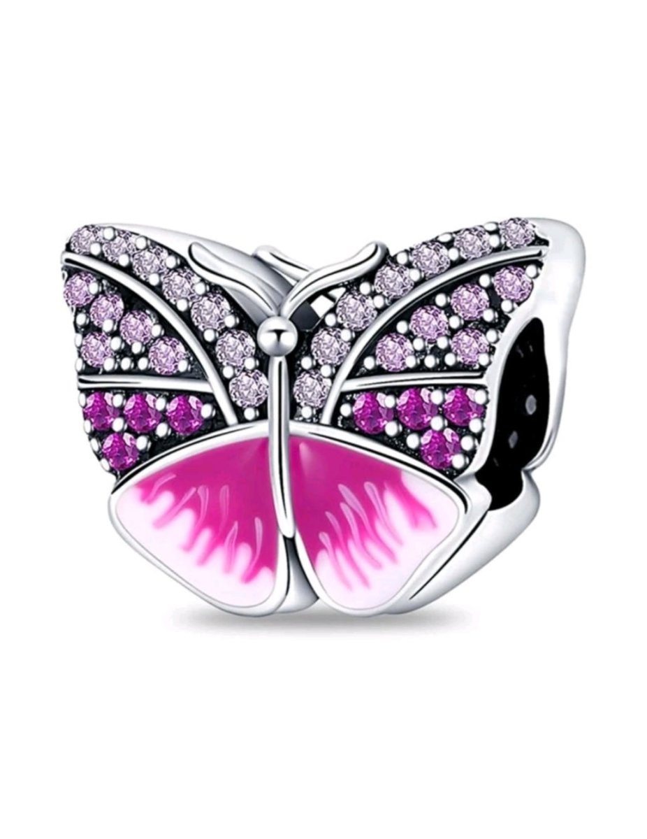 Sterling Silver Pink Sparkling Butterfly Charm - EnchantingCharms